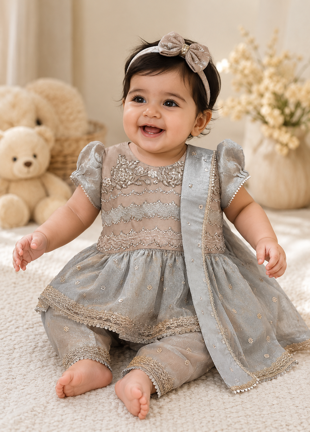 Baby Girl Grey Embellished Frock Set with Dupatta