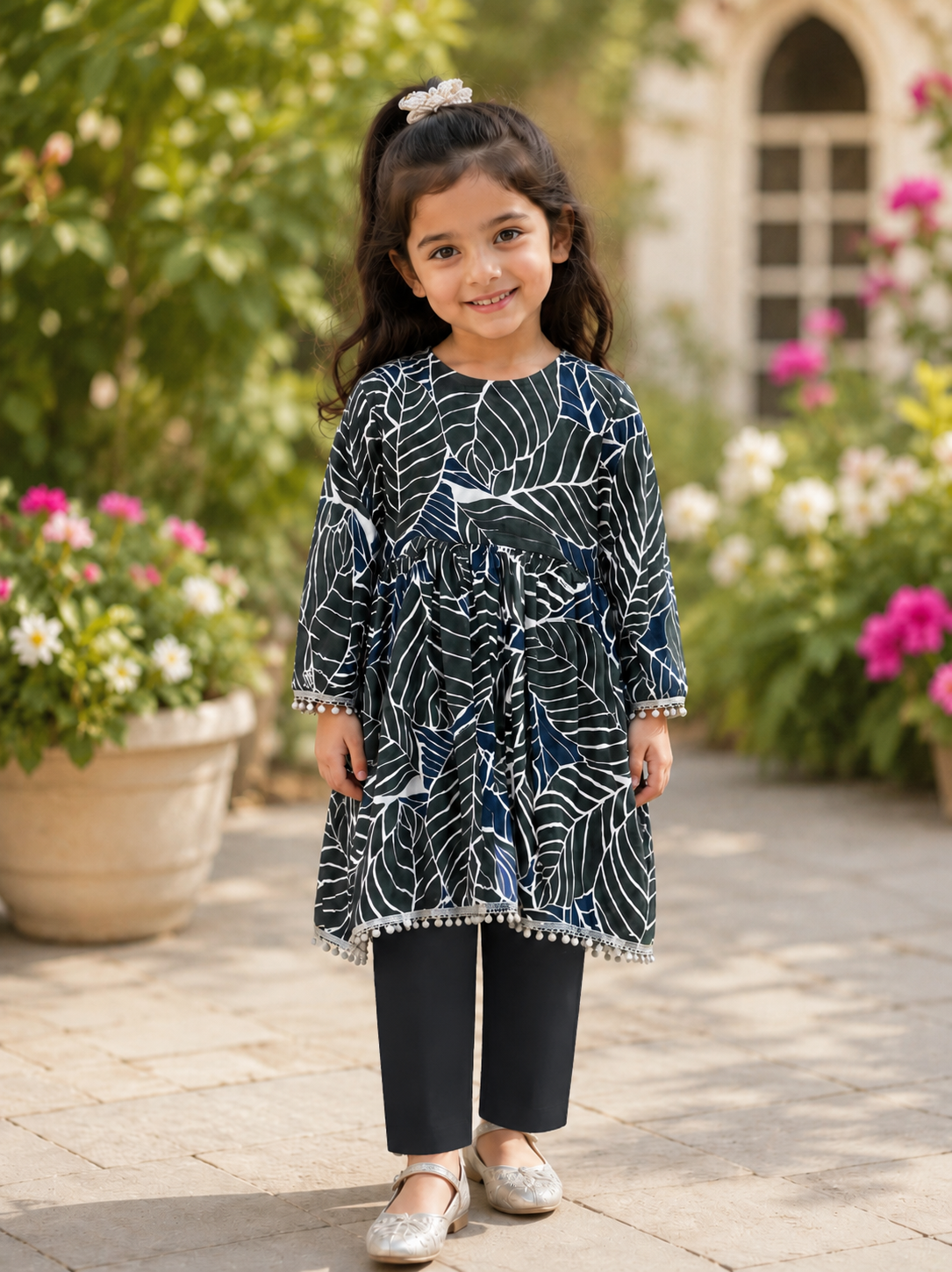 Girls Printed Leaf Pattern Frock with Trousers