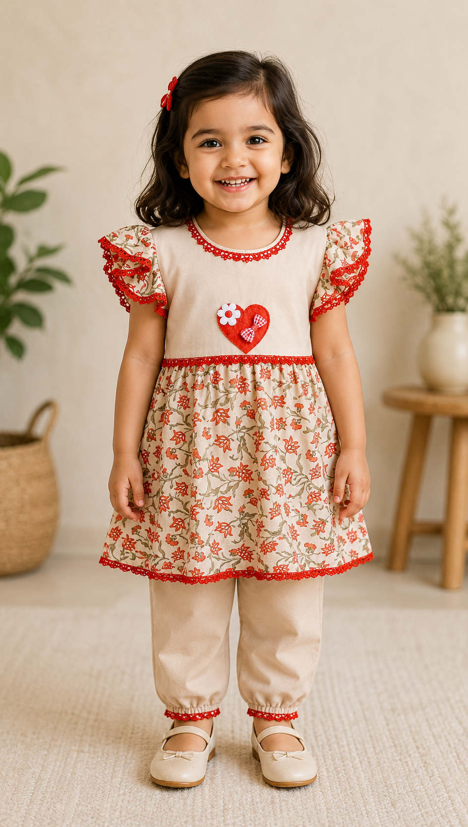 Cream & Red Floral Girls Frock Set