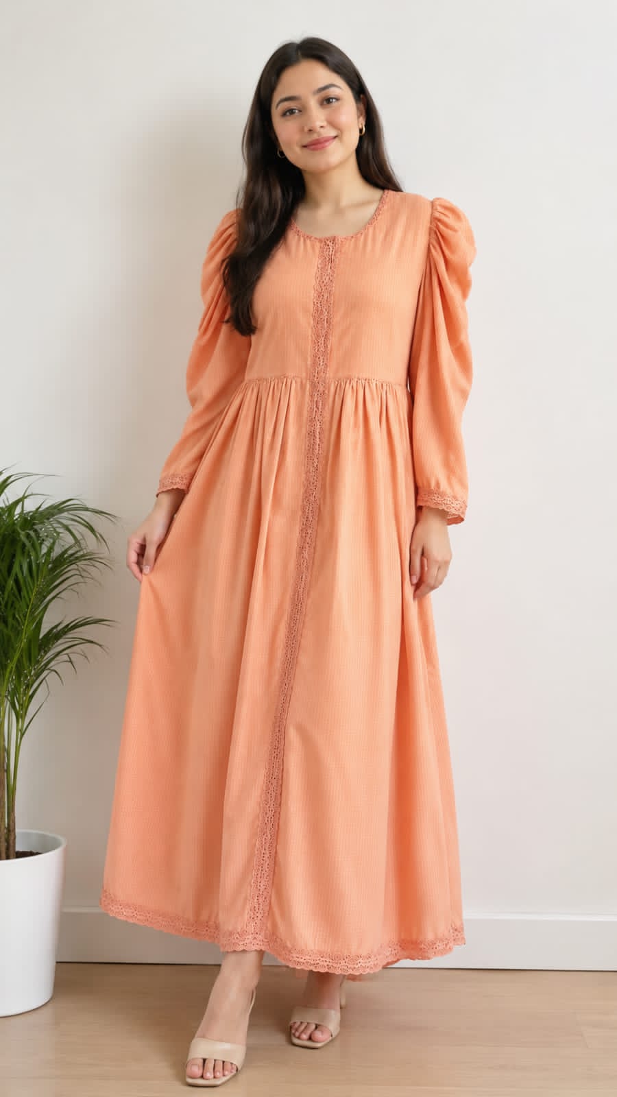 Peach Lace Detail Maxi Dress-UB-01