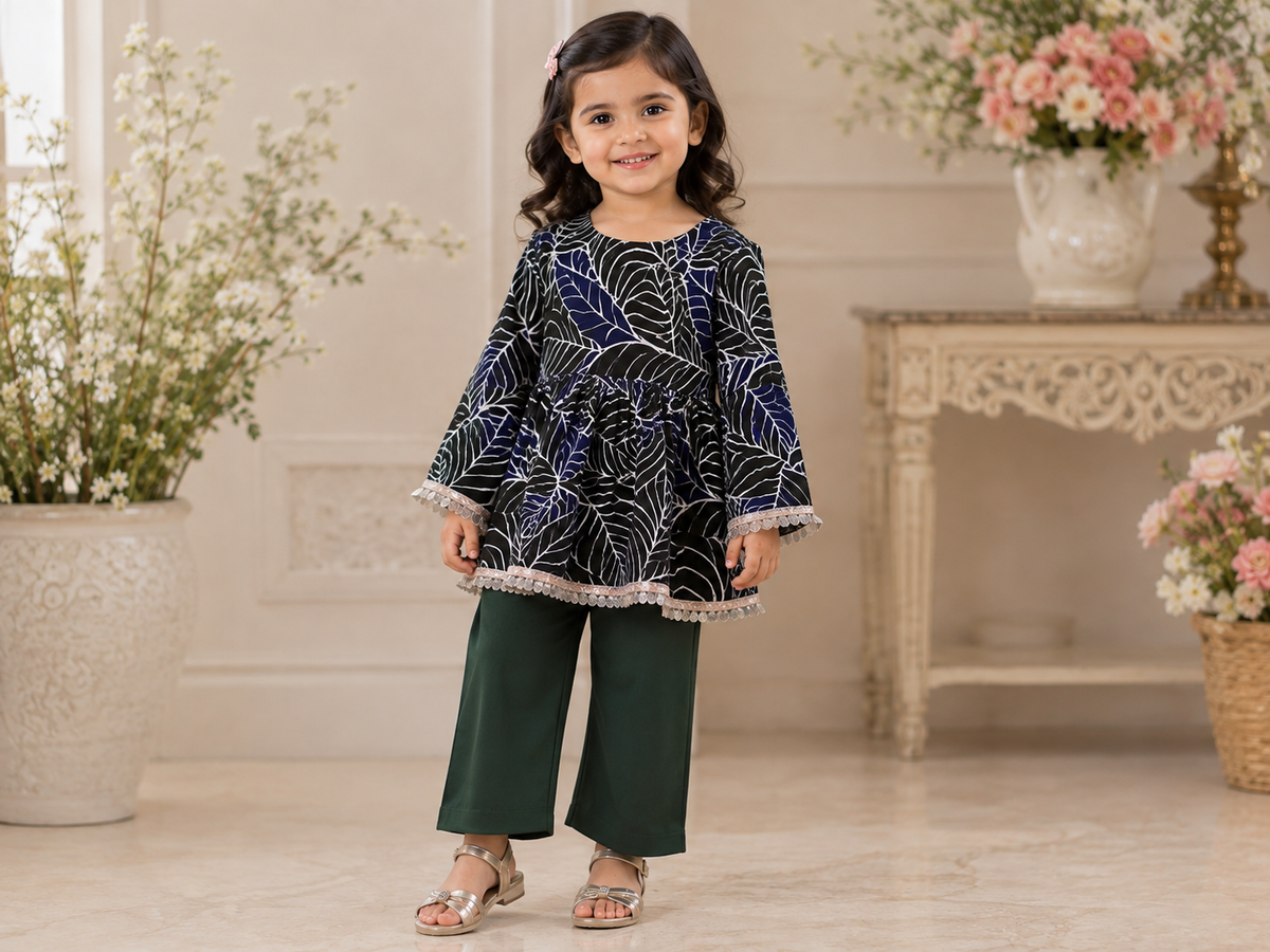Leaf Print Girls 2-Piece Dress-UB-23