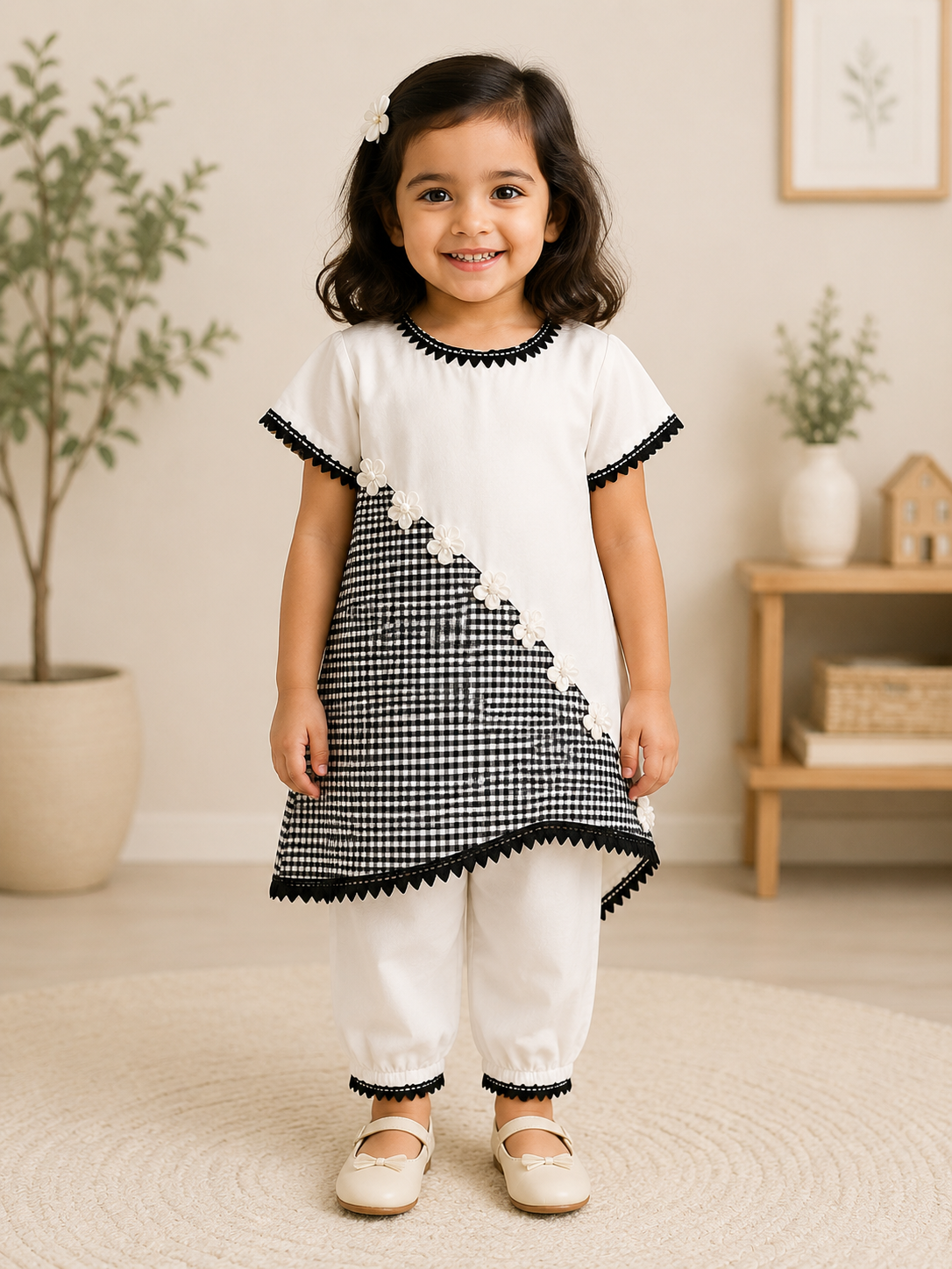 Elegant Black & White Checkered Girls 2-Piece Suit