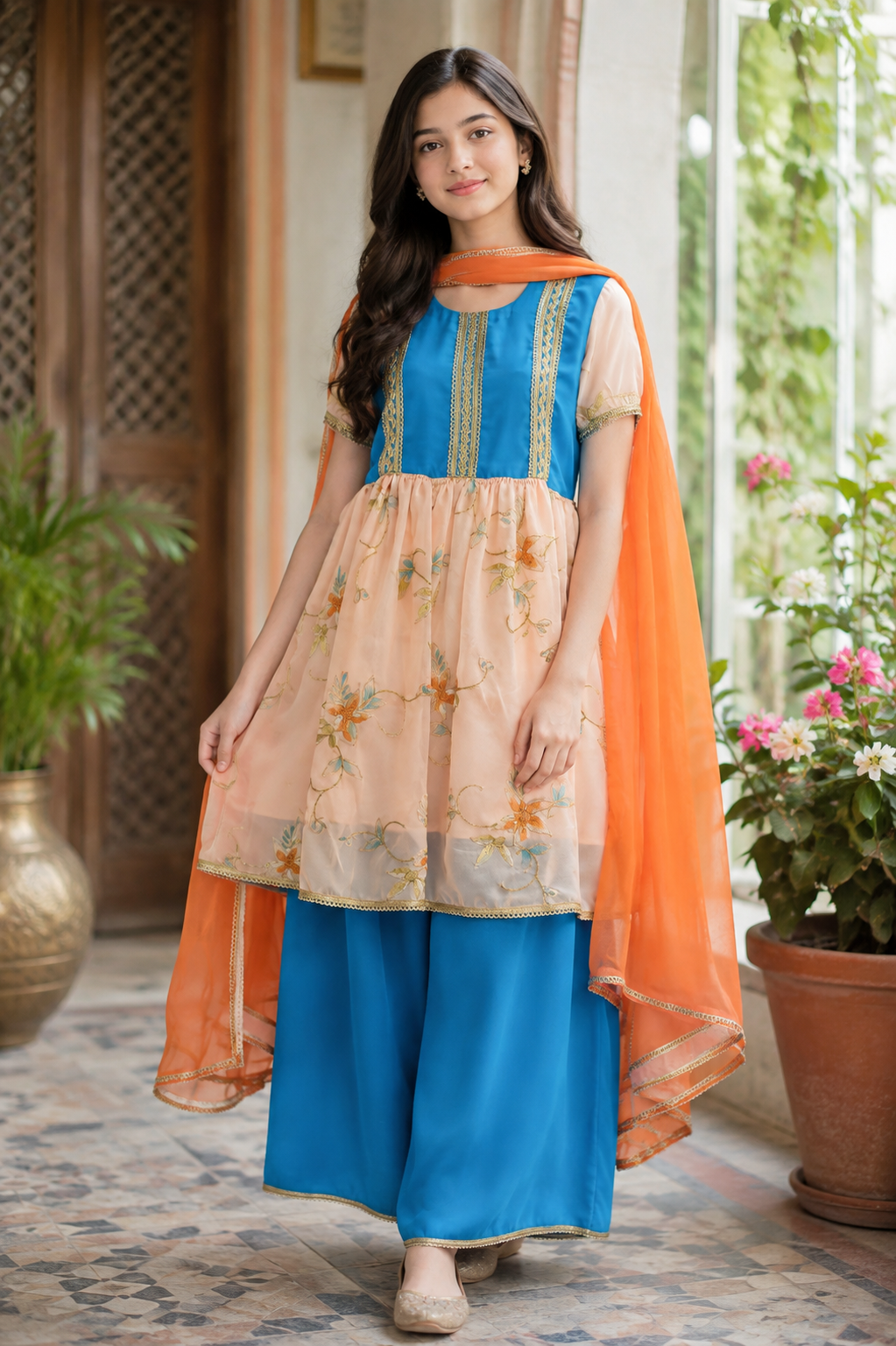 Royal Blue & Peach Girls 3-Piece Festive Suit with Orange Dupatta