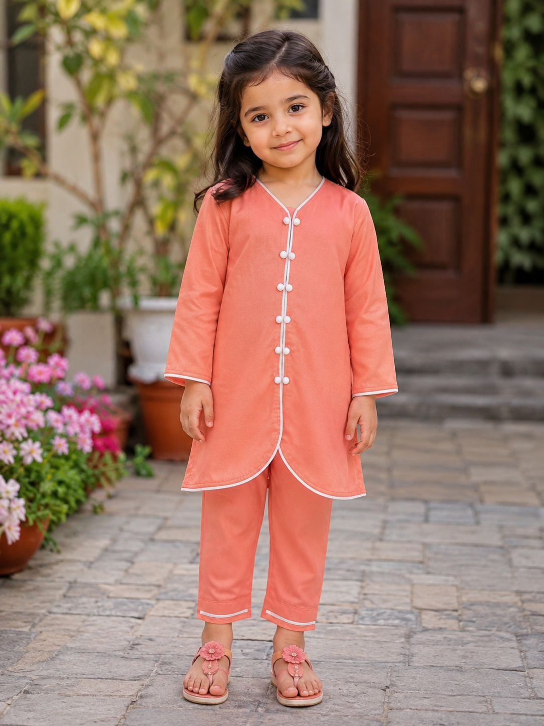 Coral Button-Front Kids 2-Piece Suit