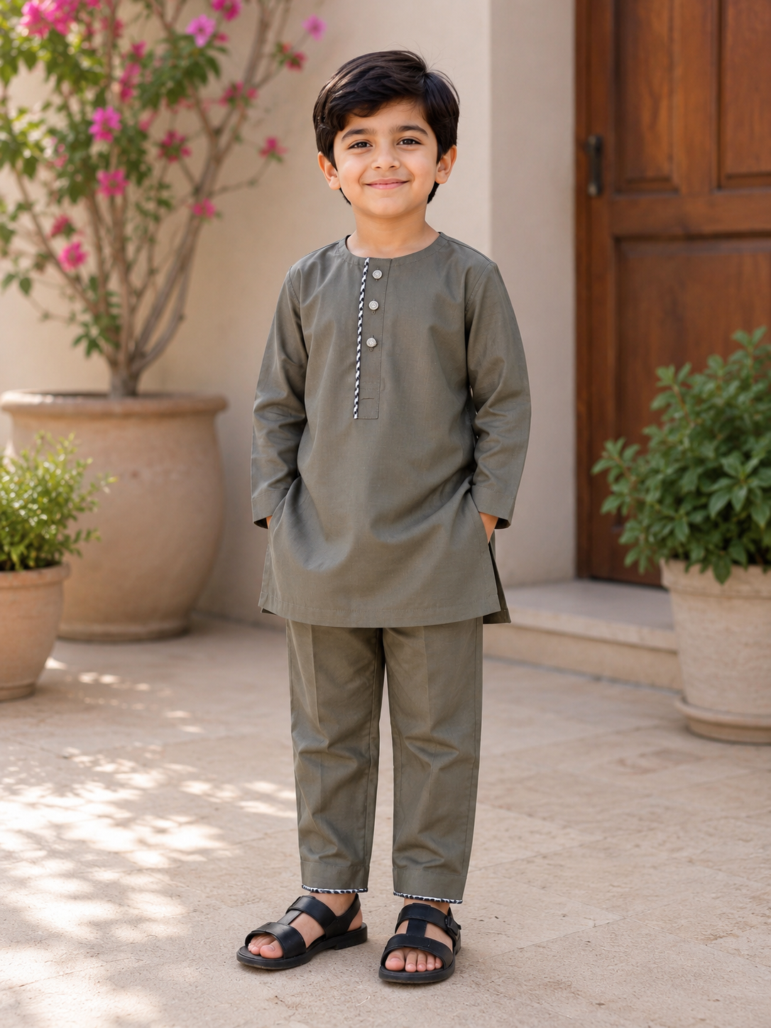Olive Grey Boys Kurta Pajama Set with Contrast Detailing