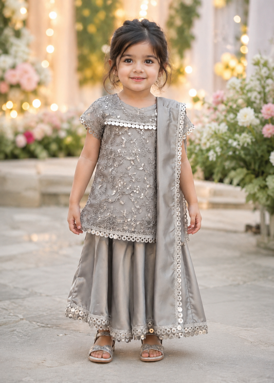 Girls Grey Embroidered Lehenga Set with Dupatta