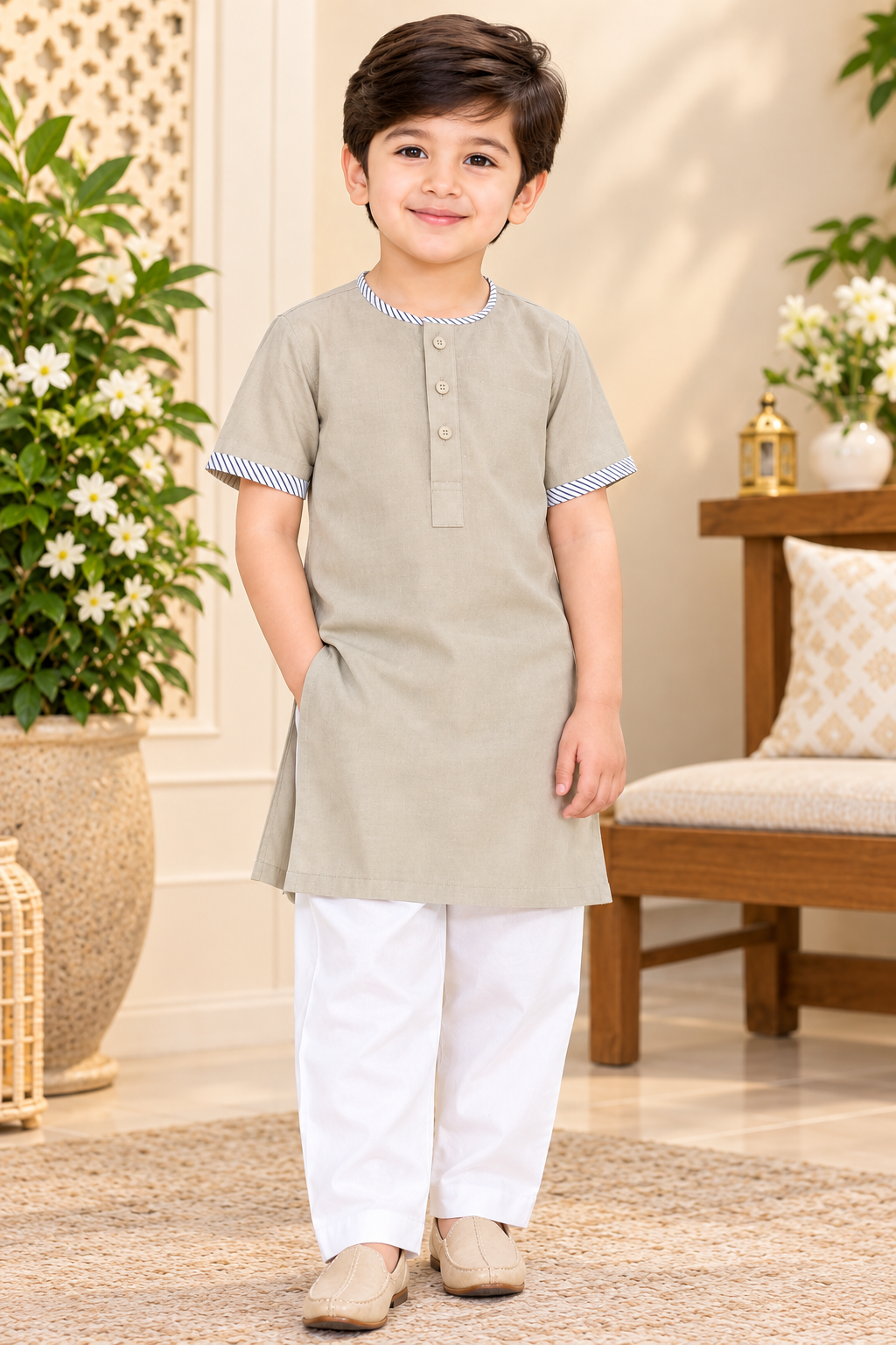Boys’ Classic Beige Kurta Shalwar – Premium Summer Collection