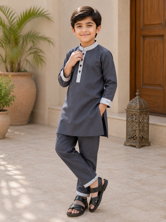 Charcoal Grey Boys Kurta Pajama Set with Striped Detailing