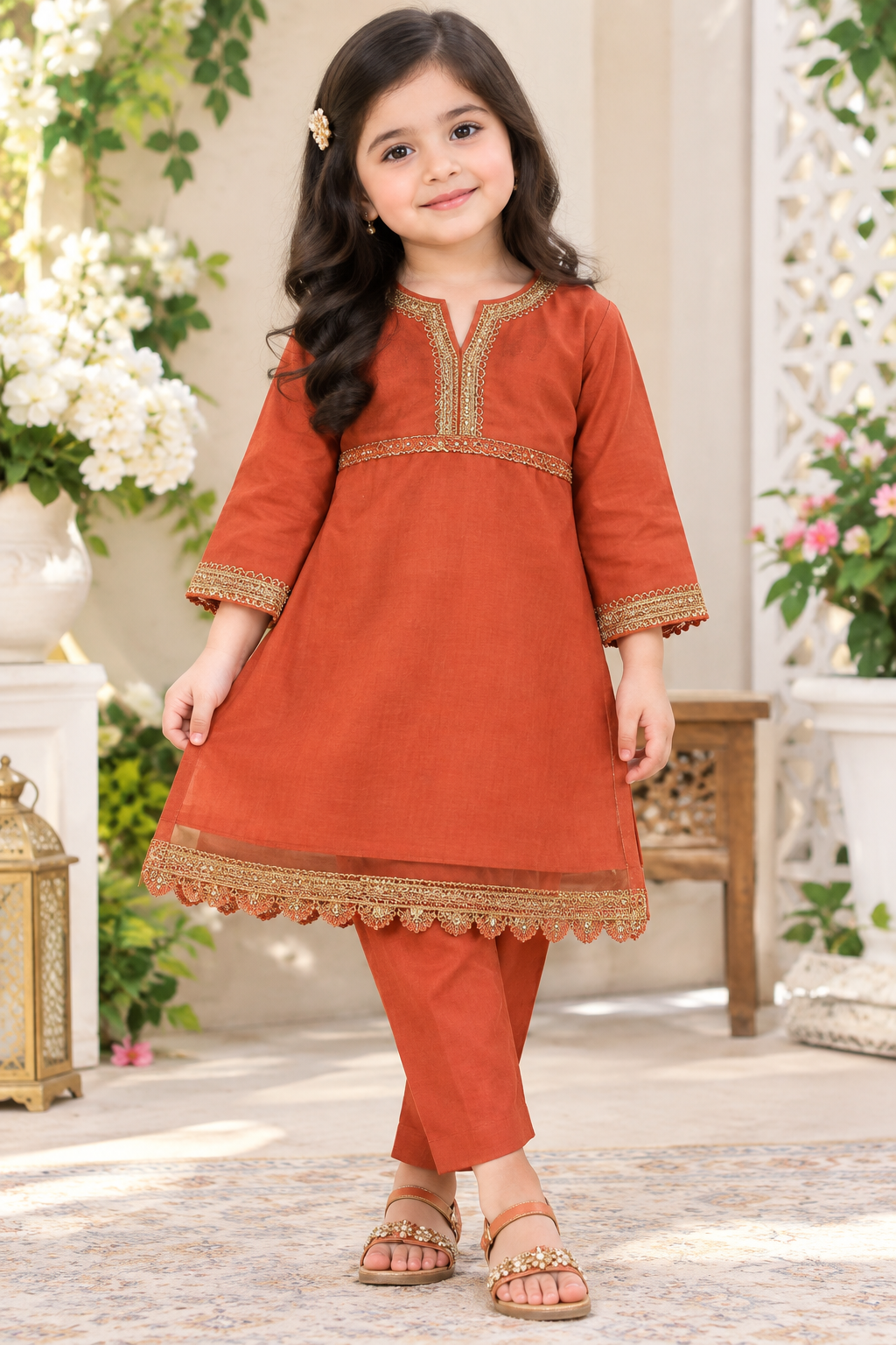 Rust Orange Girls Embroidered Traditional Frock with Matching Pants