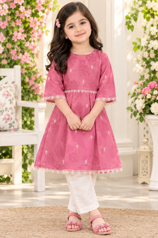Pink Embroidered Girls Frock with White Pants | Traditional Party Wear