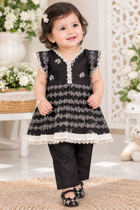Black & White Embroidered Baby Girls Frock Set with Matching Pants