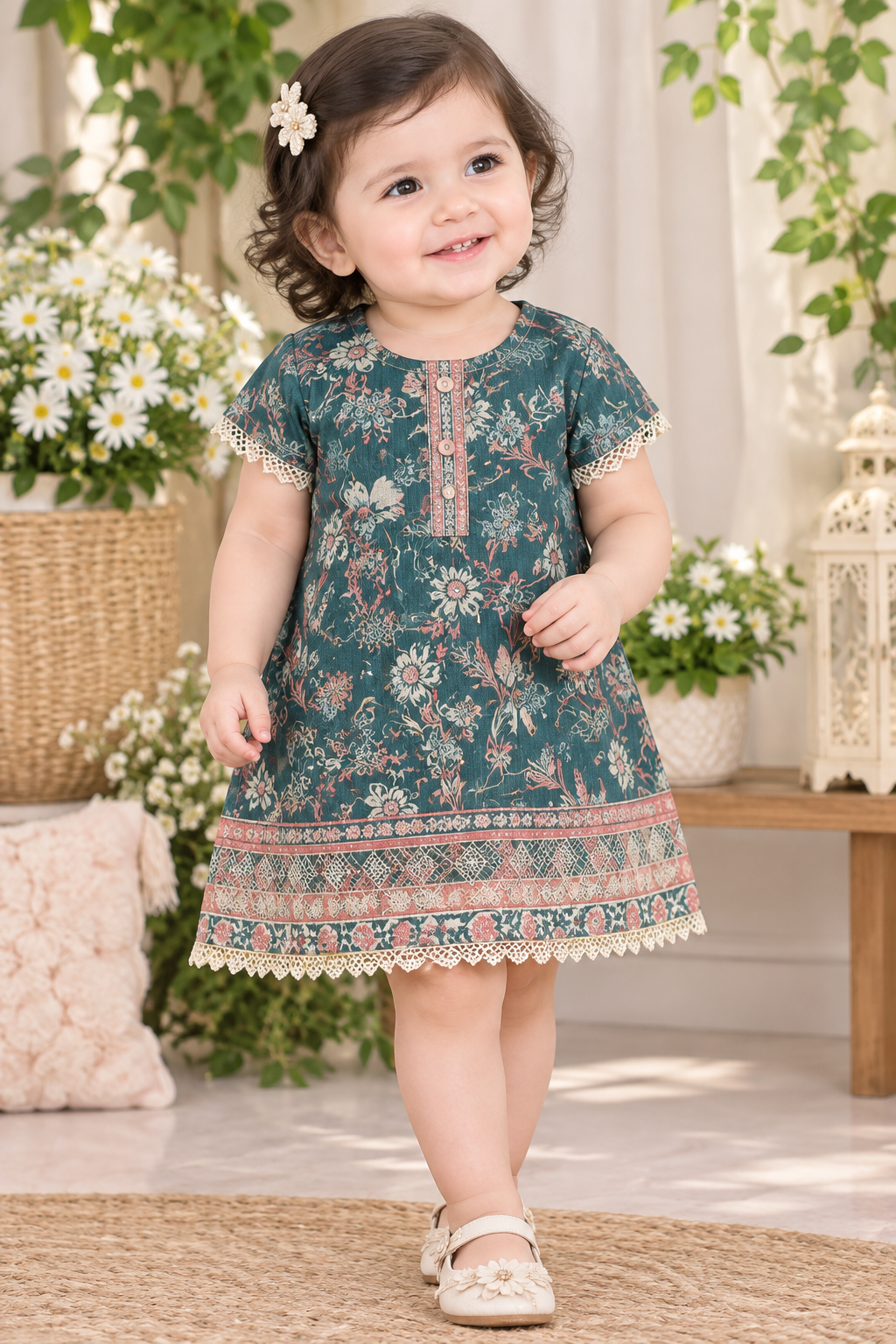 Teal Floral Printed Girls kurta