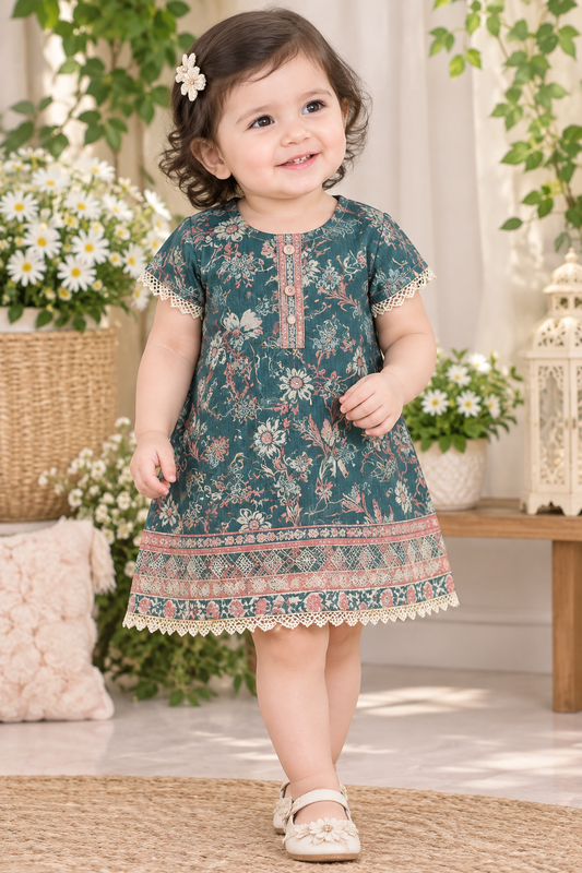 Teal Floral Printed Girls kurta