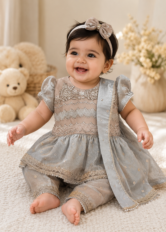 Baby Girl Grey Embellished Frock Set with Dupatta