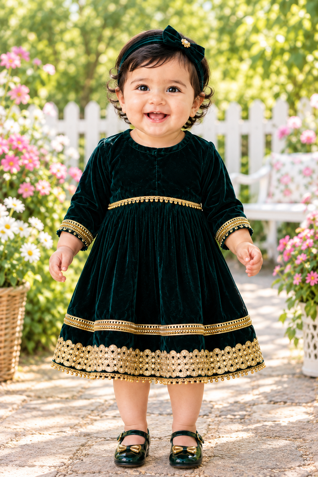 Deep Green Velvet Baby Girls Frock | Gold Embroidered Party Wear