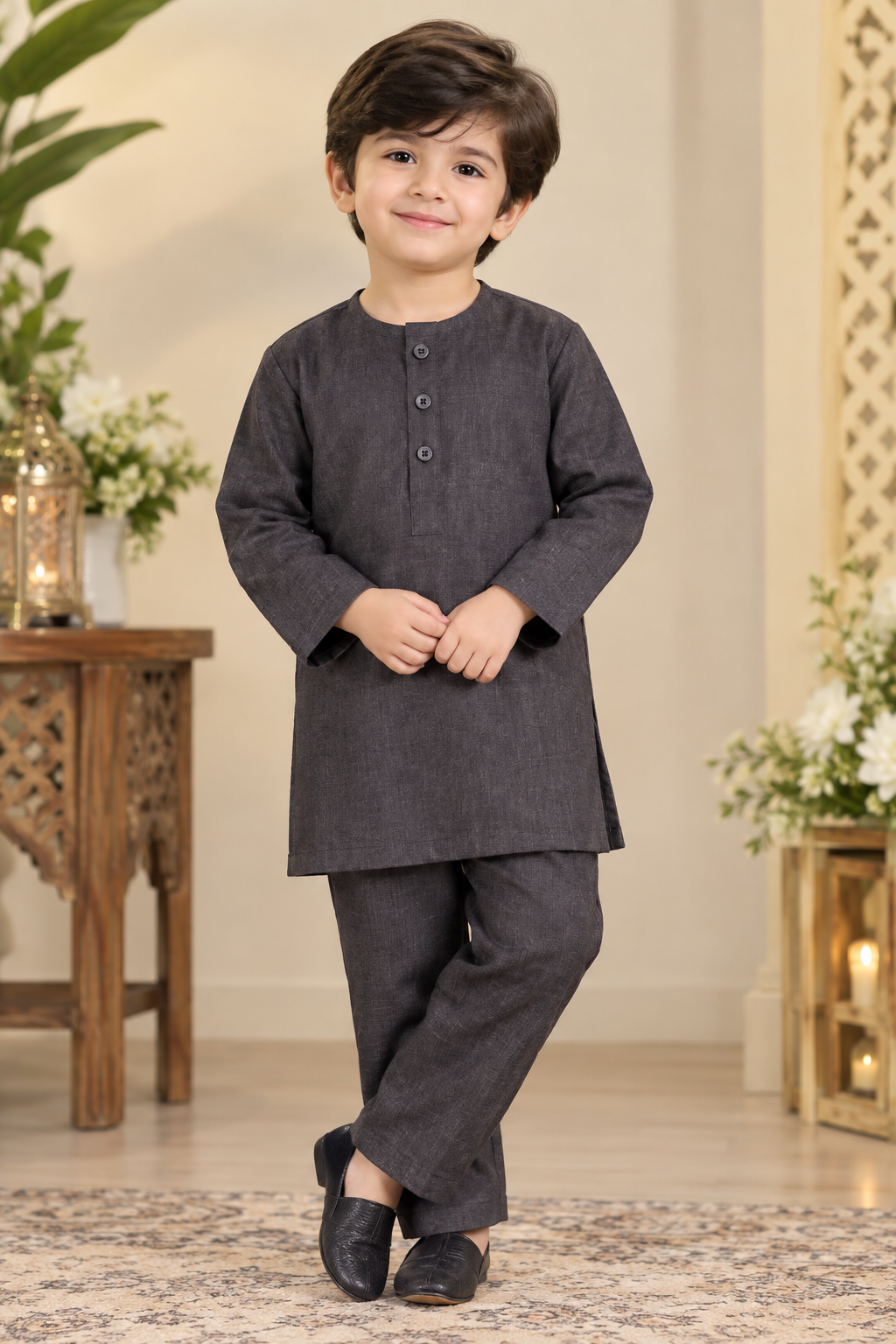 Boys Charcoal Grey Traditional Kurta Shalwar Set