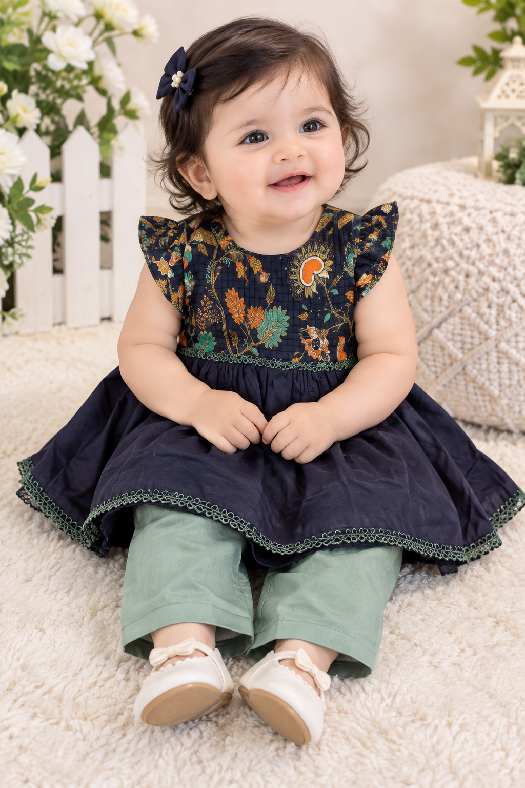 Navy Floral Printed Baby Girl Dress with Mint Trousers