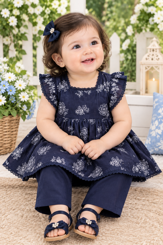 Navy Blue Floral Embroidered Baby Girl 2-Piece Dress Set
