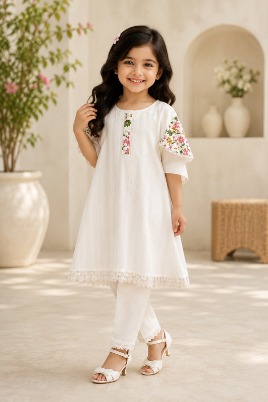Elegant White Girls 2-Piece Embroidered Kurta Trouser Set