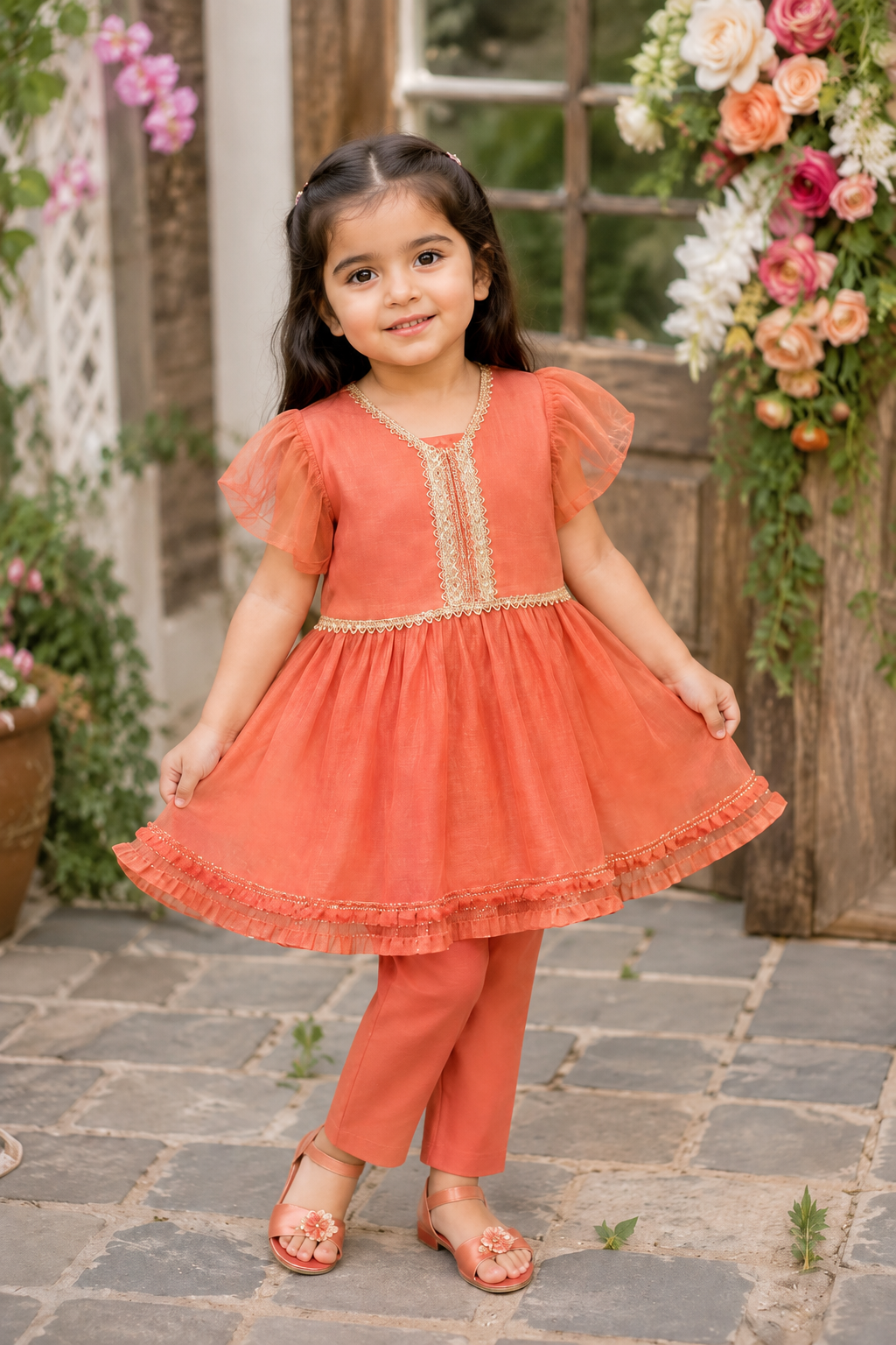 Girls Coral Lace Detail Frock with Plain Trouser