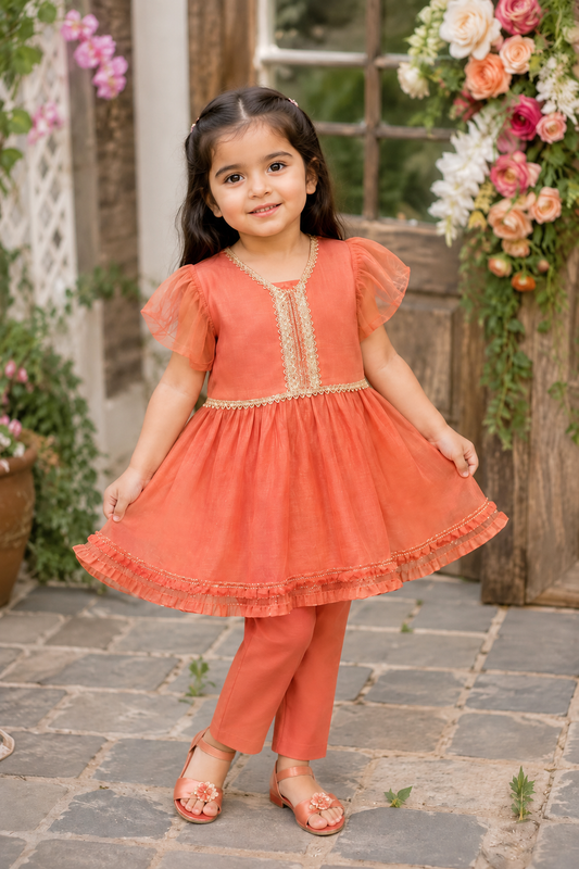 Girls Coral Lace Detail Frock with Plain Trouser