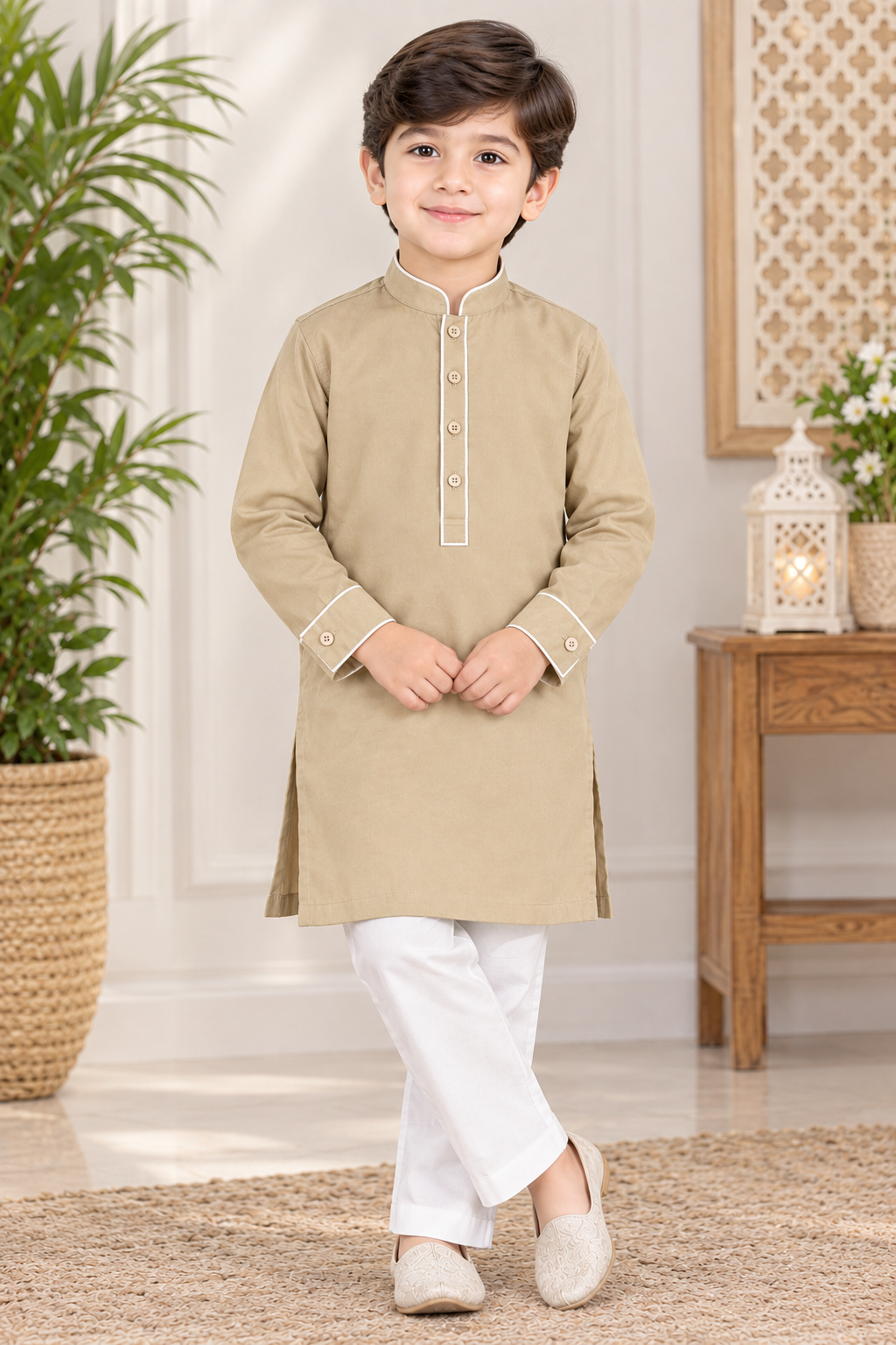 Elegant Beige Boys Kurta Pajama Set with White Detailing