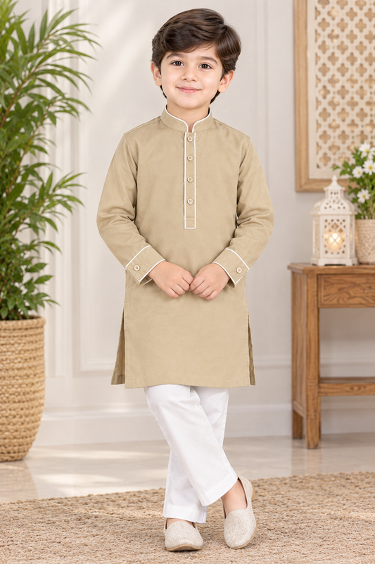 Elegant Beige Boys Kurta Pajama Set with White Detailing