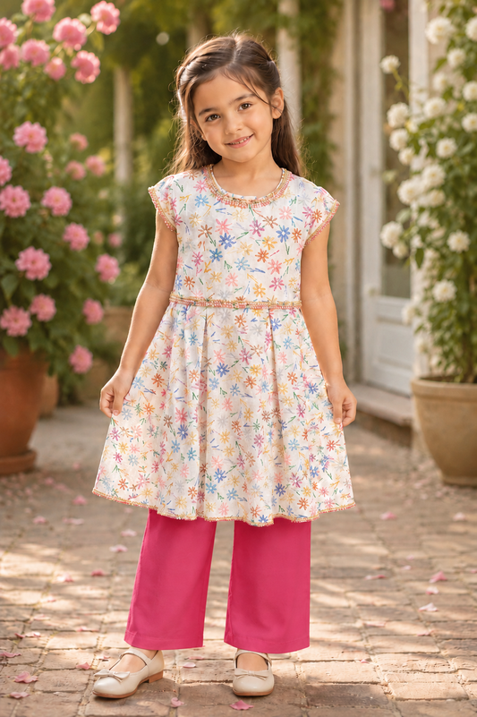 Floral Printed Girls Kurti with Pink Palazzo Trouser