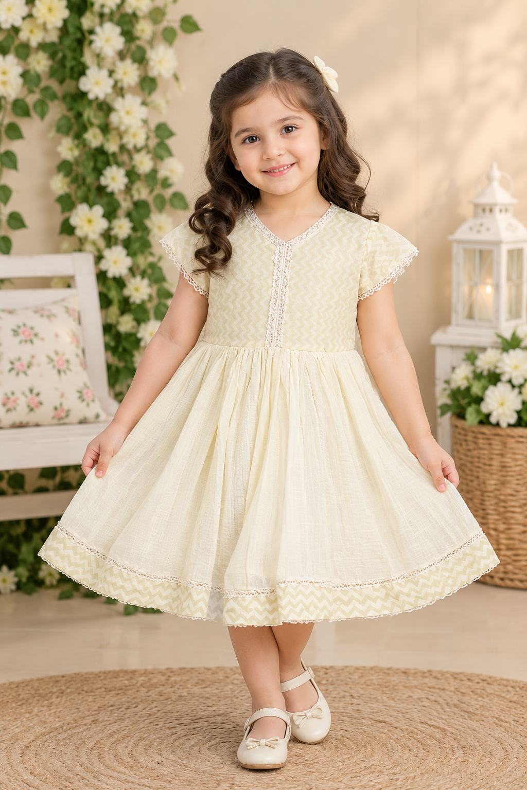 Ivory Chevron Print Girls Frock