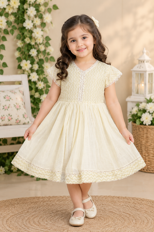 Ivory Chevron Print Girls Frock