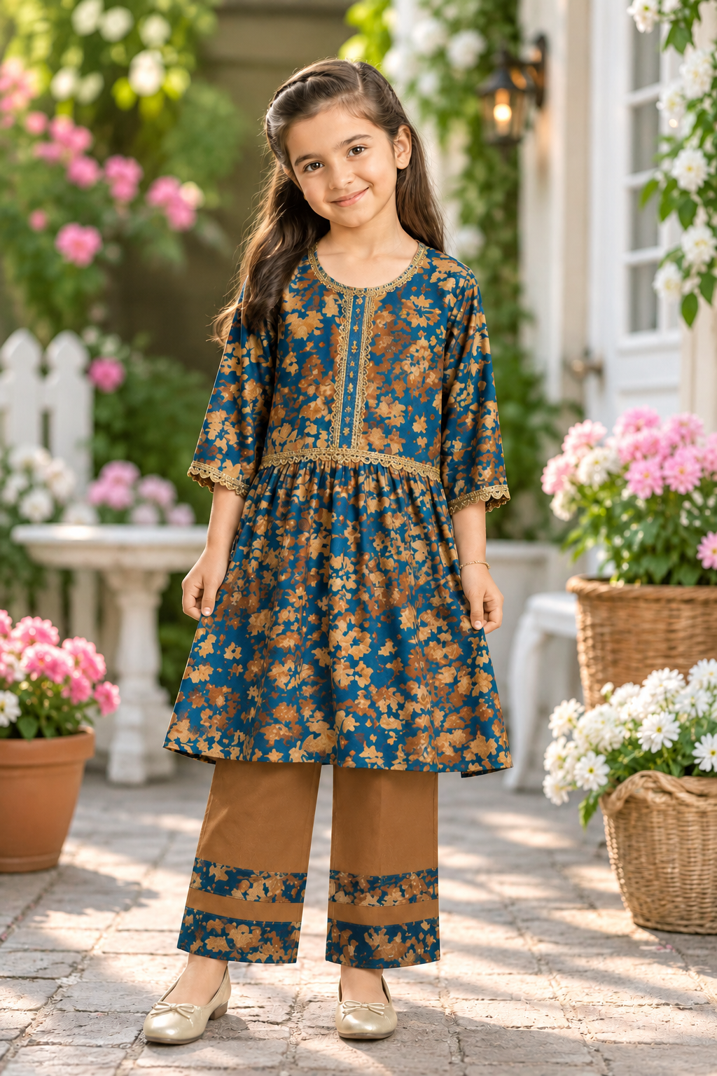 Teal & Rust Floral Girls 2-Piece Festive Suit
