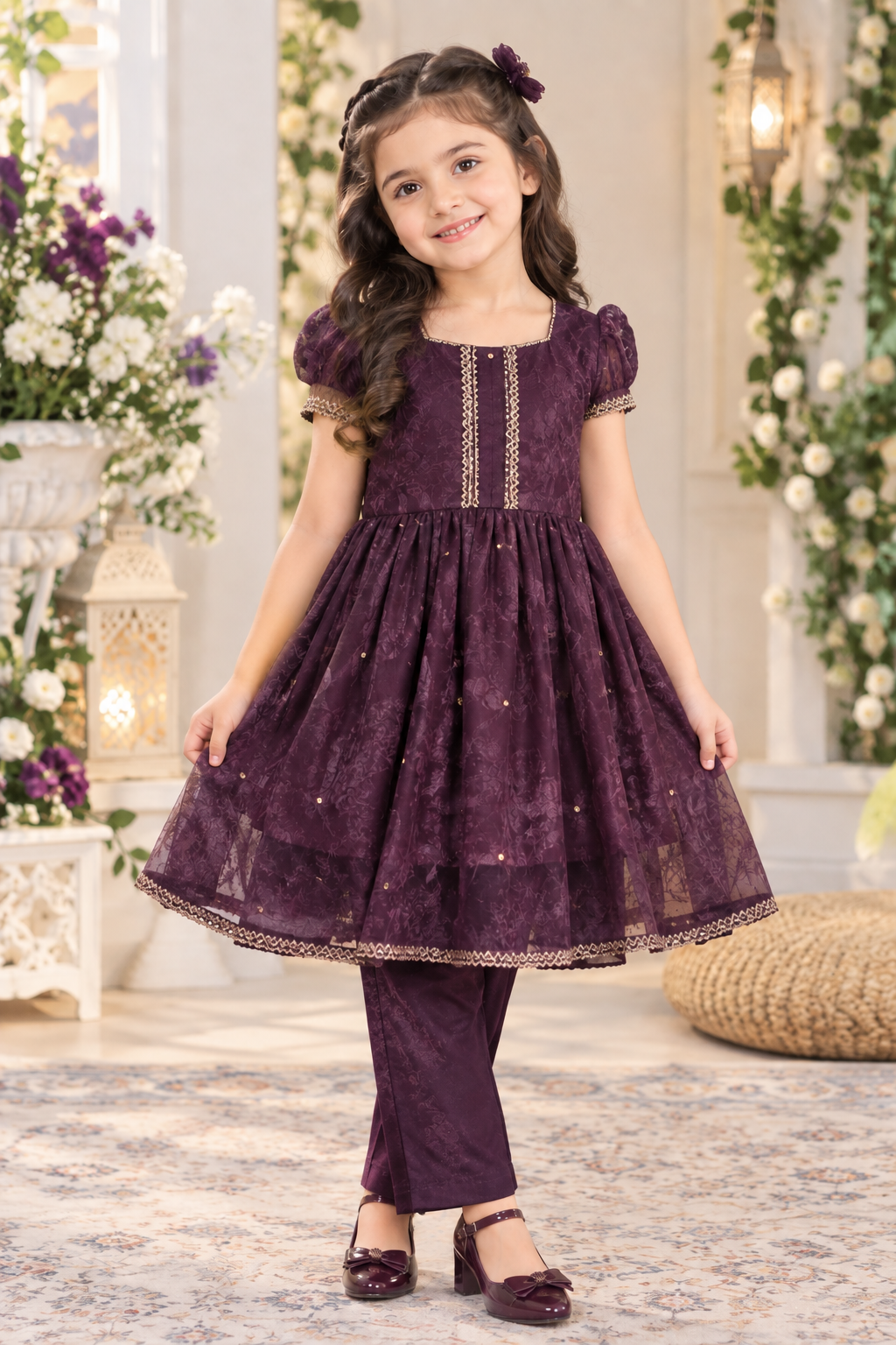 Plum Purple Girls Festive Frock with Trouser