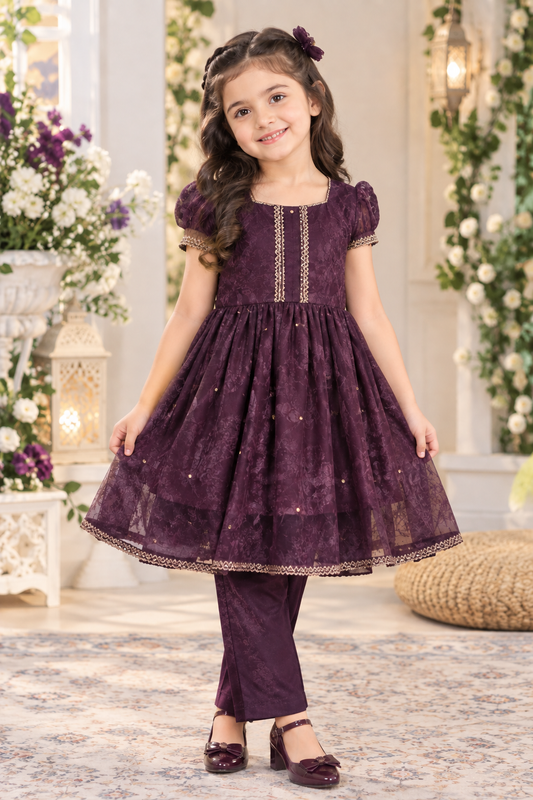 Plum Purple Girls Festive Frock with Trouser