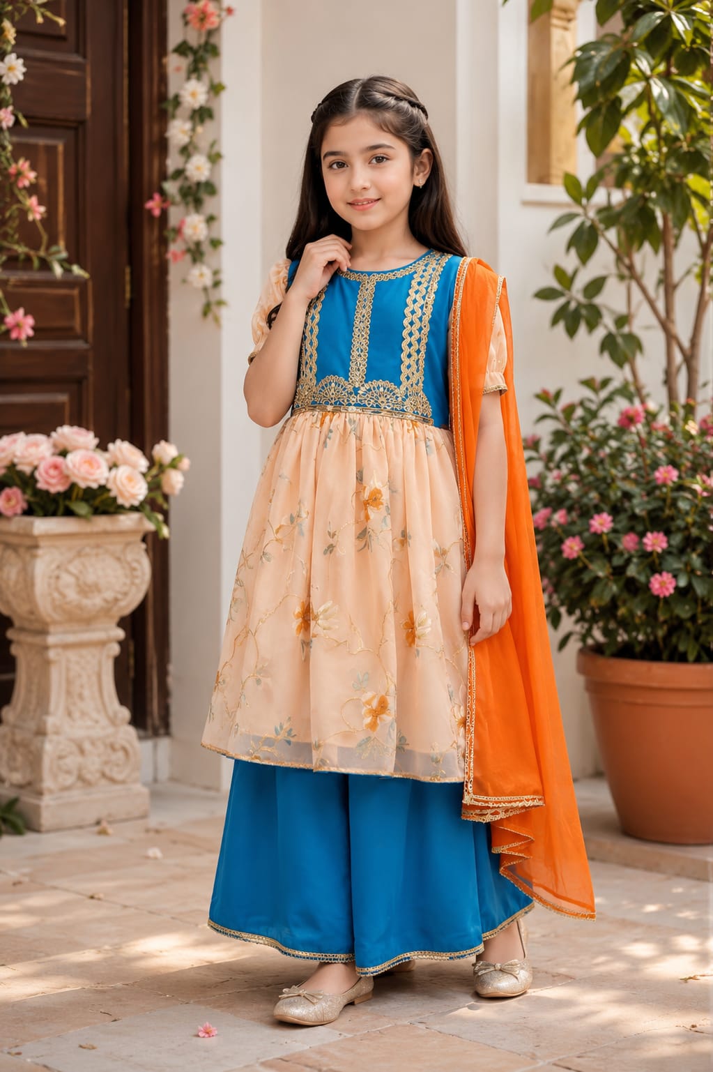 Royal Blue & Peach Girls 3-Piece Festive Suit with Orange Dupatta