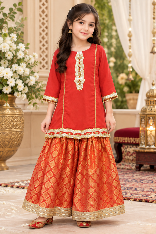 Red & Gold Traditional Girls’ Festive Sharara Set