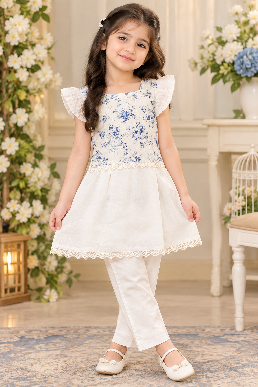 Ivory & Blue Floral Girls Summer Dress
