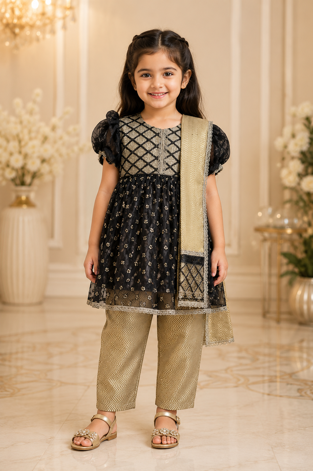 Black & Golden Girls 3-Piece Embroidered Festive Suit