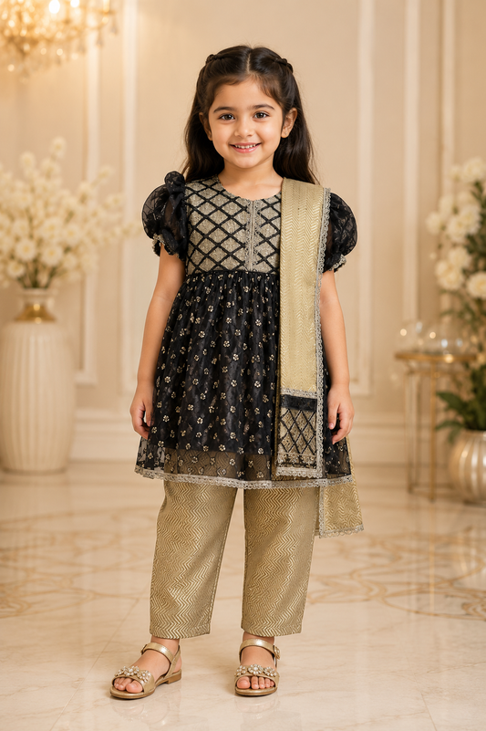 Black & Golden Girls 3-Piece Embroidered Festive Suit