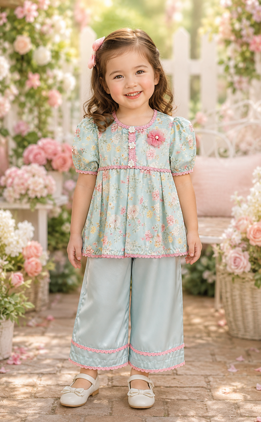Pastel Blue Floral Printed Girls 2-Piece Dress Set