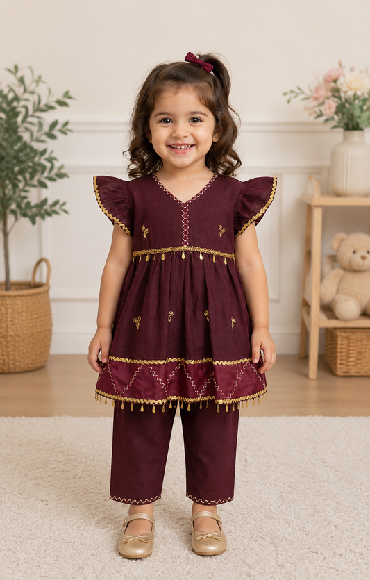 Maroon Embroidered Festive Girls 2-Piece Suit