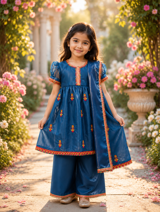 Royal Blue Girls 3-Piece Festive Suit with Dupatta