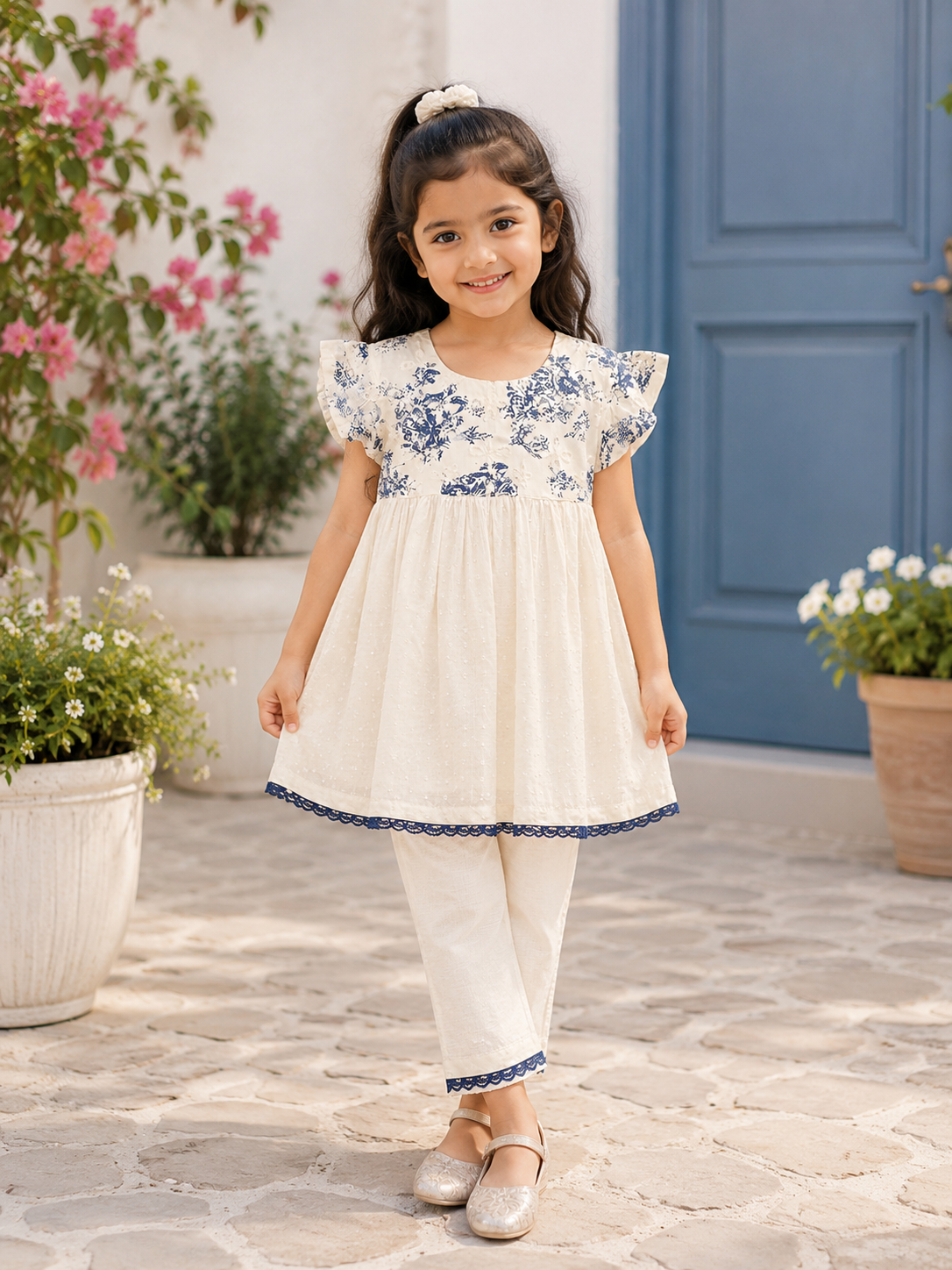 Girls Ivory White Frock with Trousers