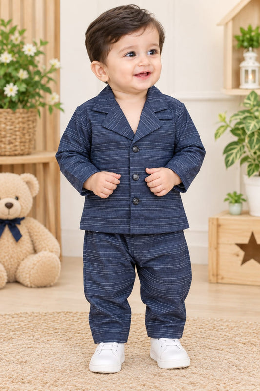 Boys Navy Blue Striped 2-Piece Suit Set