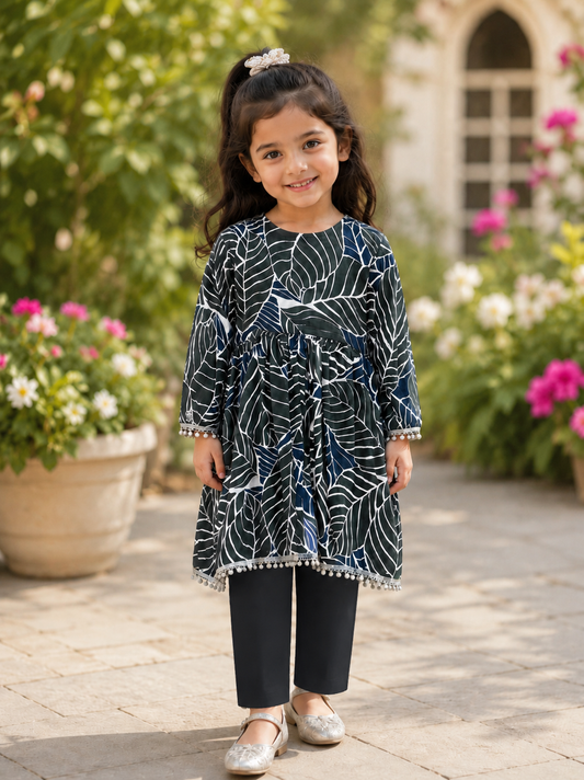 Girls Printed Leaf Pattern Frock with Trousers