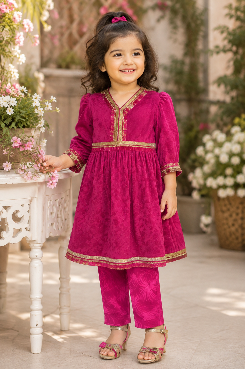 Elegant Magenta Girls 2-Piece Traditional Dress