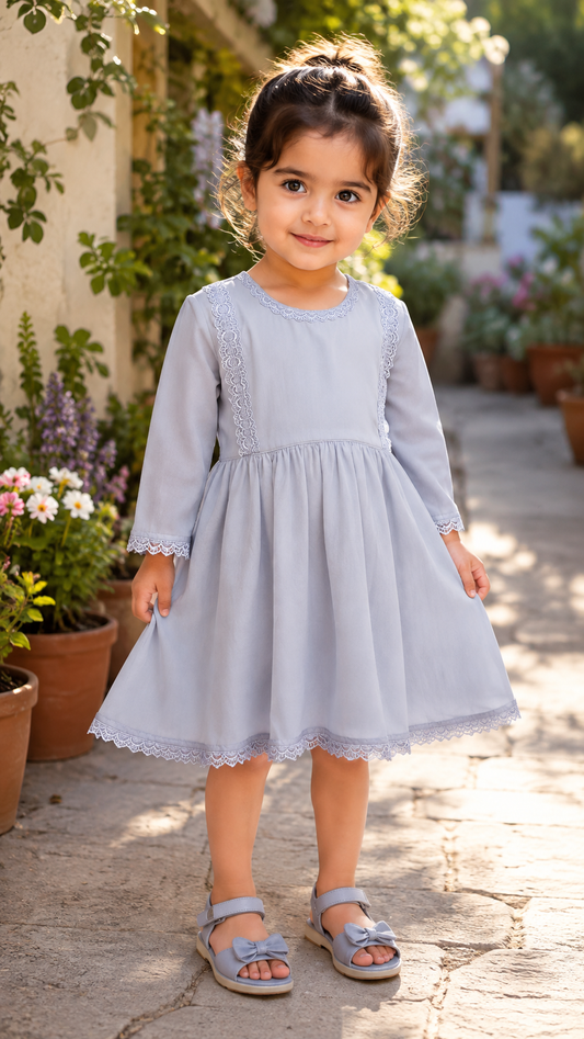 Elegant Lace Detail Girls’ Party Frock – Soft Grey