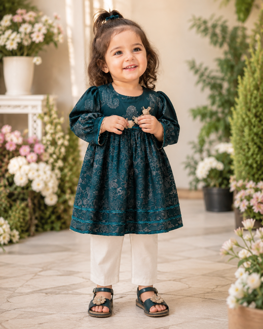 Elegant Teal Printed Girls 2-Piece Dress Set