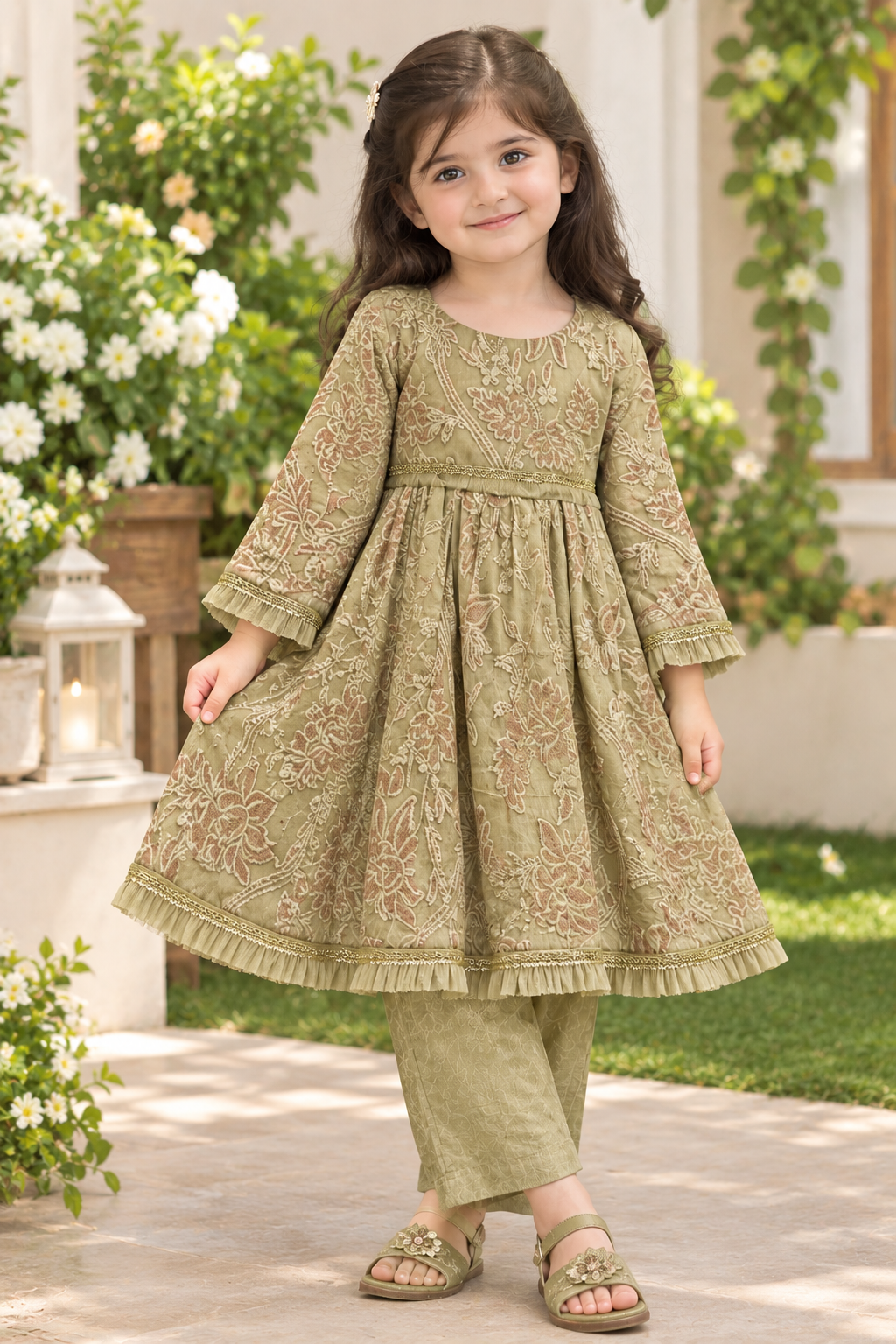 Olive Green Embroidered Girls Party Wear Dress