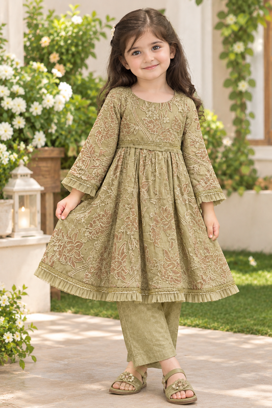 Olive Green Embroidered Girls Party Wear Dress