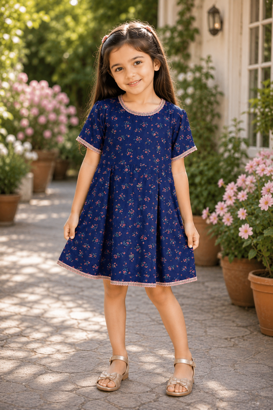 Girls’ Navy Blue Floral A-Line Shirt